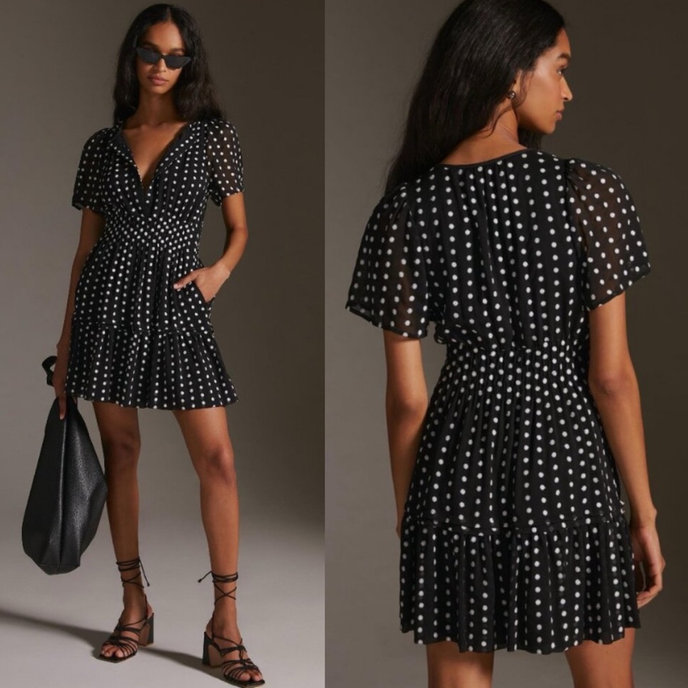 Anthropologie Black Polka Dot Tiered Mini Dress